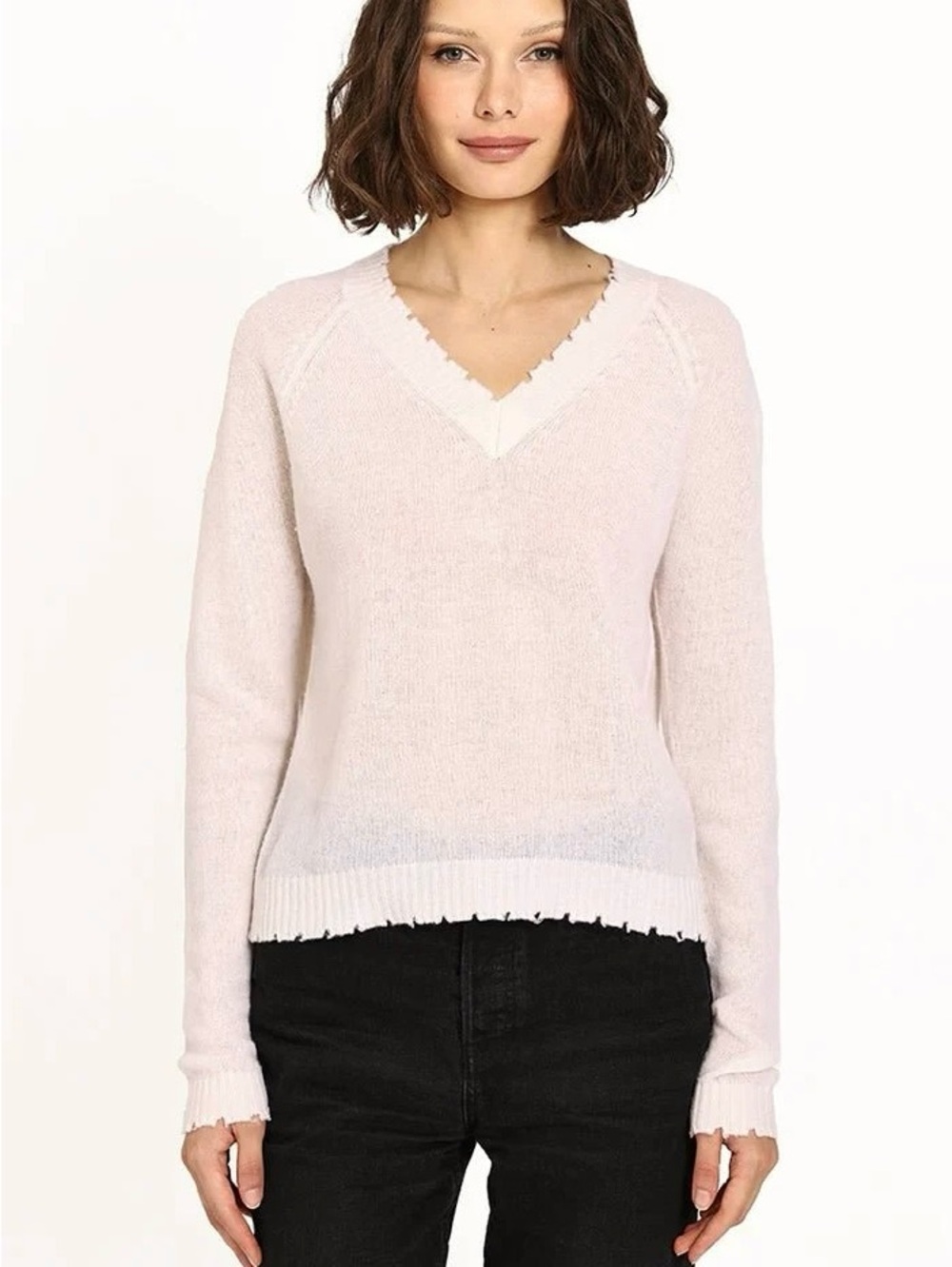 NWT MINNIE ROSE Cashmere Frayed Edge V Neck Knit in Cream